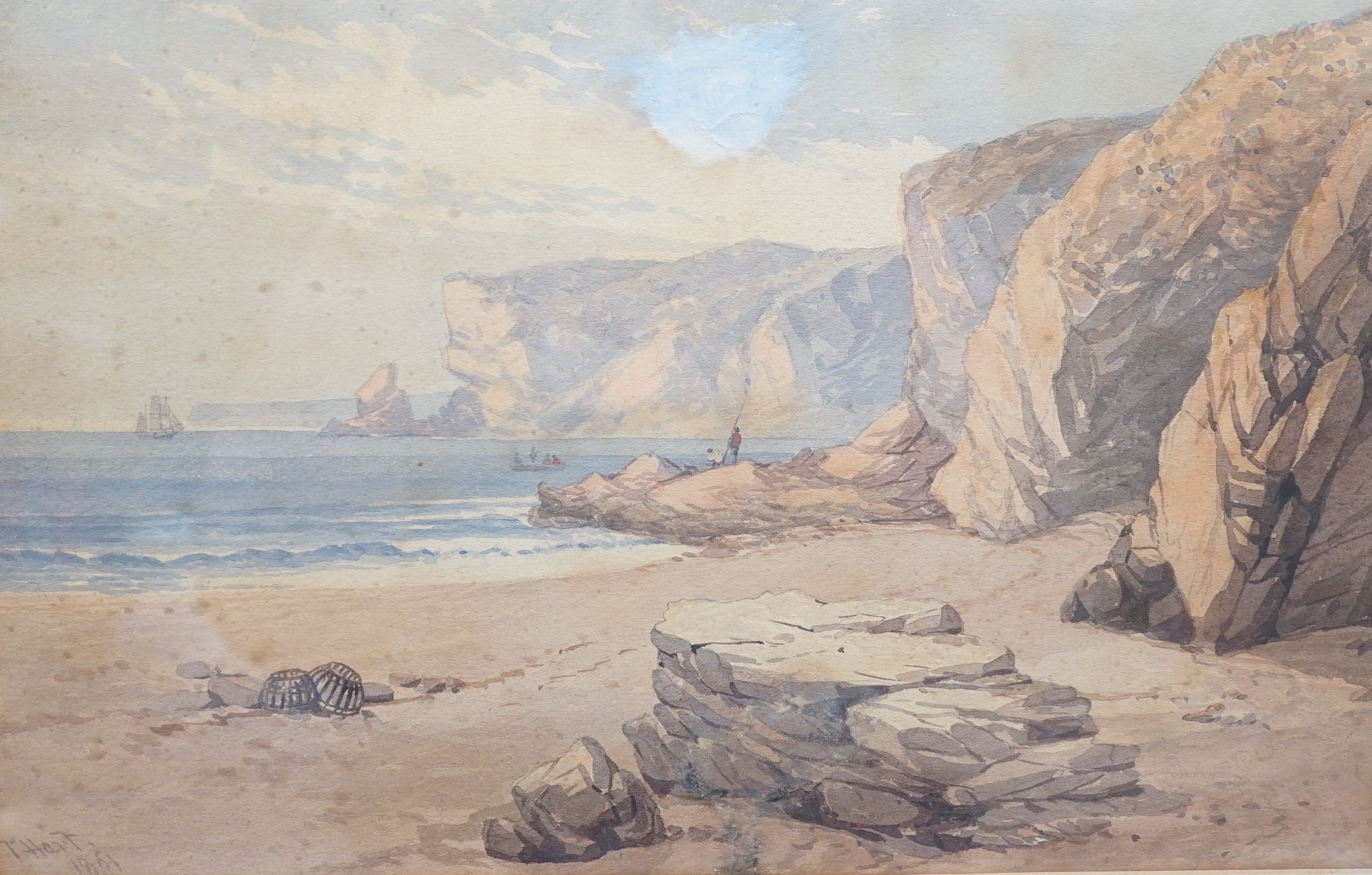 Two Cornish watercolour landscapes, Thos. Sewell Robins (1814-1880), Cornish Beach Scene, signed, 23 cm X 20.5 cm and Thomas Hart F.S.A., Coastal scene, signed and dated 1861, 21 cm X 32 cm